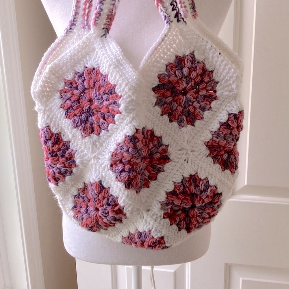 Handmade Crochet Boho Tote Shoulder Bag White & Pink
